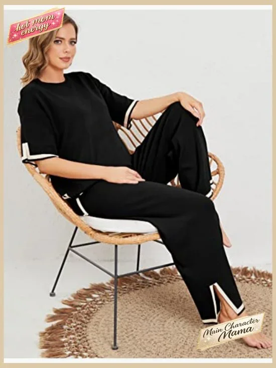 Knit Lounge Set Short Sleeve Pullover Elastic Waist Wide Leg Pants Y2K - Picture 6 of 7